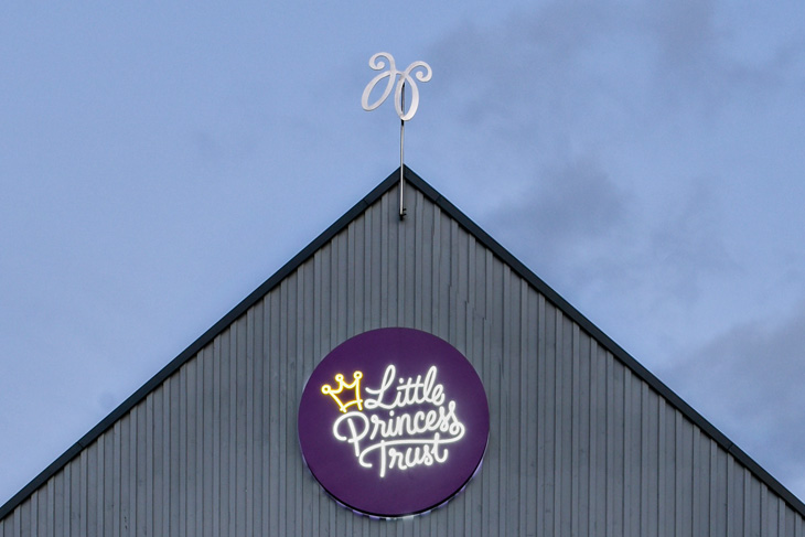 The butterfly logo over the headquarters of the children's charity the Little Princess Trust in Hereford, The Hannah Tarplee Building.