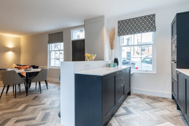 Kitchen and dining area of newly refurbished victorian terrace house in Cheltenham, Gloucestershire.