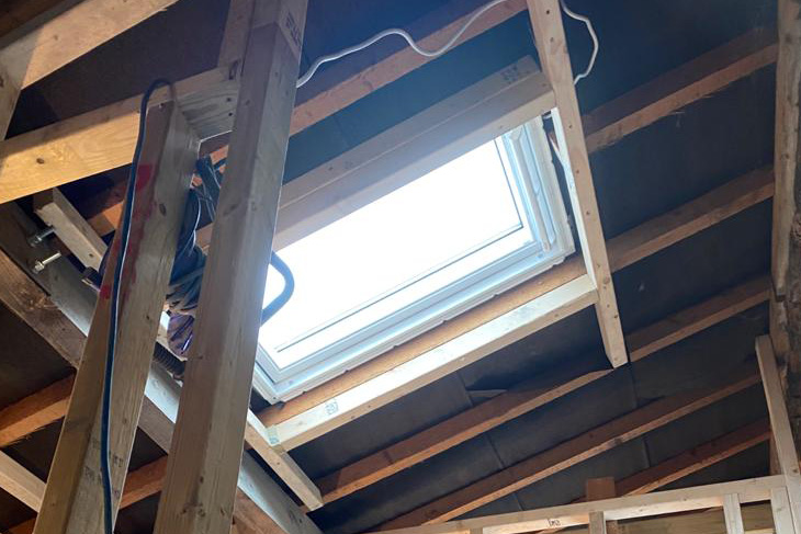 Roof light installed into pitched roof, internal view.