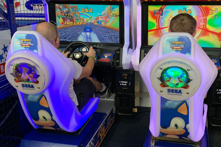 Mark Powles and Ryan Birch trying their hand at the arcade games.