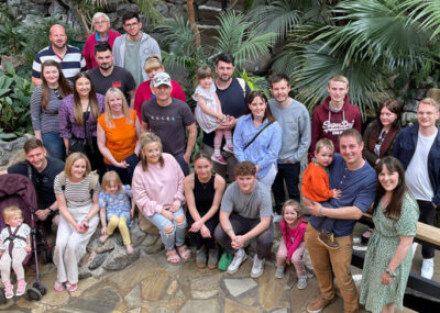 Most of the RRA team, partners and children on the Center Parcs 2023 Team Getaway.